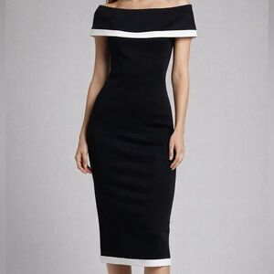 Bebe Black with White  trim off the shoulder bodycon Dress